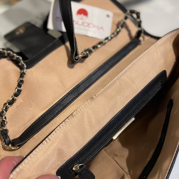 Big Buddha Clutch Purse Black Leather & Leopard Print Splash Bronze Link Strap - Picture 9 of 10